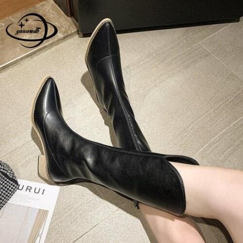 35-40 Womens Western Boots Spring Autumn Female Mid-Calf Slip-On 4cm Square Heel Platform Knight Pointed Toe Ladies Shoes Hy51