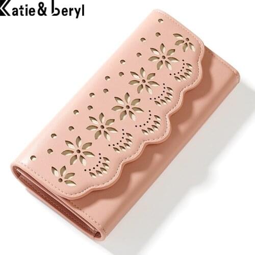 Brand Designer Three Fold Wallet Women Hollow Carved Design Pu Leathe Card Holder Zipper Coin Purse Female Clutch Wallet Ladies