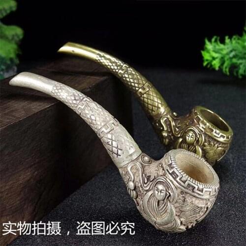 Exquisite Chinese Vintage Handmade Brass White Copper Carved Buddha/Eight Immortals Tobacco Pipe Mens Pipe
