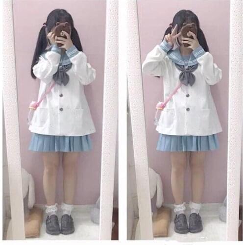 Kindergarten milky white sailors suit water color collar white rabbit bunny embroidery Sailor suit student school uniform suit