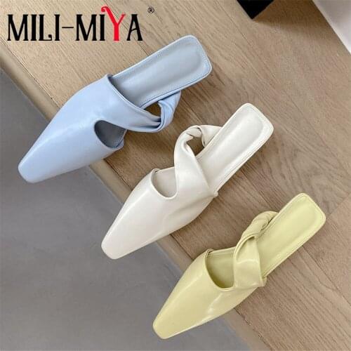 MILI-MIYA Fashion Design Women Genuine Leather Mules Pointed Toe Thick Heels Slip On Solid Color Dress Party Summer Shoes