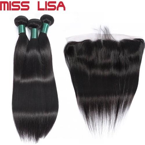 MISS LISA Straight Bundles With 13*4 Lace Frontal Non-Remy Malaysia Human Hair Weave Bundles With Frontal Hair Extension