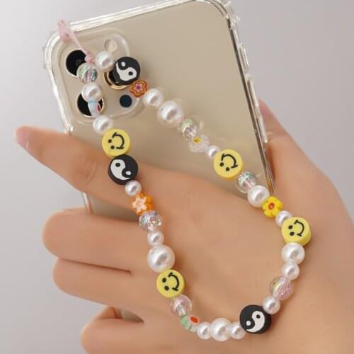 Fashion Women Smiley Beads Phone Chain Soft Ceramic Clay Polymer Woman Artificial Pearl Wrist Mobile Phone Hanging Accessories