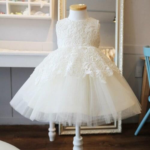 Fashion Lace Flower Dress For Girl Party Wedding White Tulle Toddler Baby Girls Baptism Bridesmaid 1st Birthday Christmas Gown