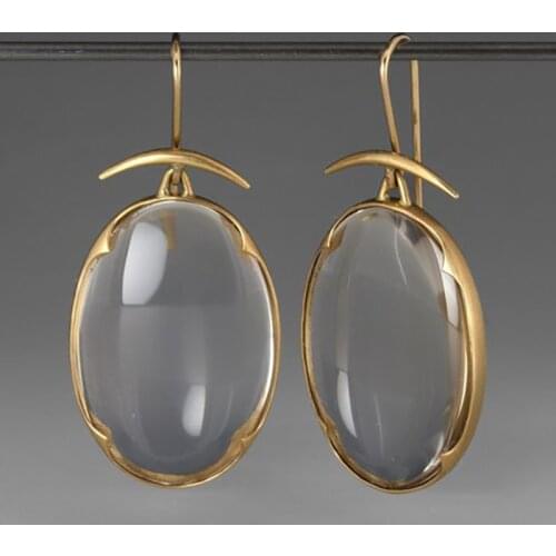 Fashion Ladies 14k Gold Natural White Gemstone Pendant Earrings Hook Shaped Retro Earrings Anniversary Gift Wedding Jewelry