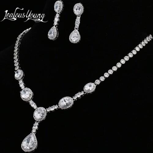 2017 New Water Drop Shape Bridal Jewelry Sets For Women Luxury Blue Cubic Zirconia Jewelry Set For Brides Shinning Necklace Set