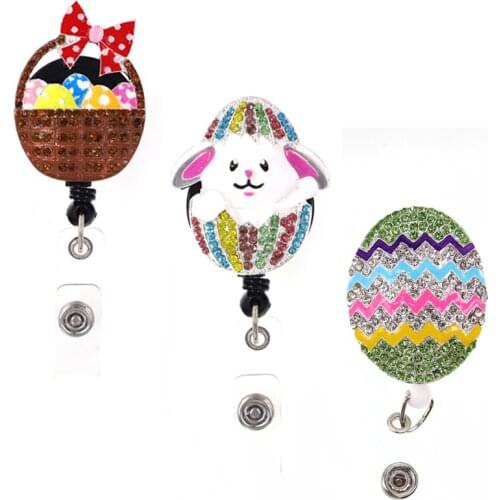 20 pcs/lot Custom Easter Jewelry Rhinestone Badge Reels Easter Egg Crystal rhinestone ID Badge holders