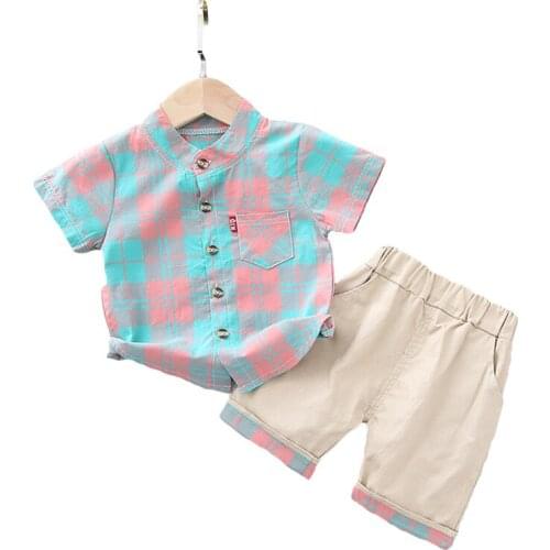New Summer Baby Boys Clothes Sets Kids Girls Plaid Lapel Shirt+Shorts 2 Pieces Suits Infant Boys Casual Clothing Outfits