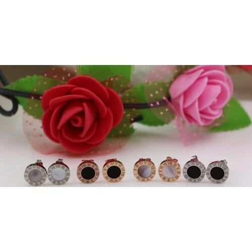 8mm 10mm 12mm Stainless Steel Shell Black/ White Round Roman Numerals Stud Earring Unisex lover Women Man Party Xmas gift