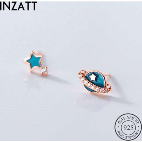 INZATT Real 925 Sterling Silver Zircon Planet Star Stud Earrings For Fashion Women Punk Fine Jewelry Asymmetry Accessories