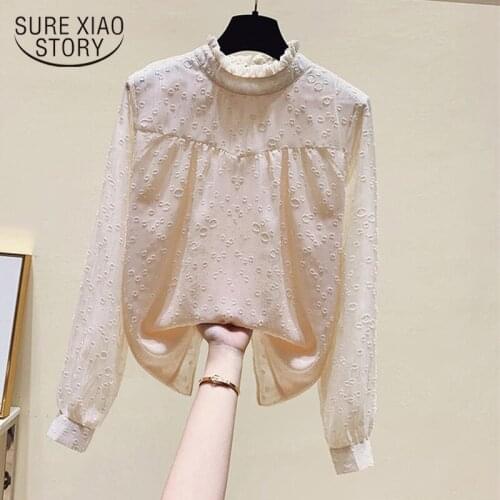 Spring New Long Sleeve Stand Collar Chiffon Shirt Women Elegant Ruffle Blouse Pink Tops Womens Tops and Blouses Blusas 13014