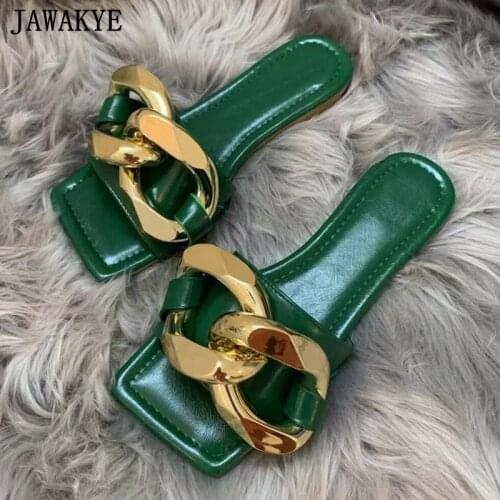 Gold Chain Flat Women Slides Square Toe Simple Outdoor Dress Slippers One Strap Beach Mules Multicolor Casual Flipflops Woman