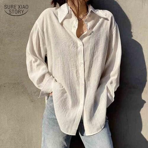 Vintage Women shirts Tops 2021 Spring new Cotton casual Plus Size Shirt for Women Solid white Puff Sleeve Female Clothing 13580