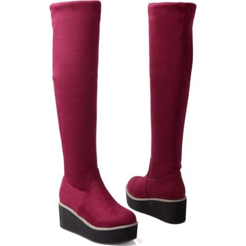 Wedge Platform Women Boots Knee High Boots Girls Slip on Fashion Height Heels Boots Blue Red Black Casual Shoes Woman Size 32-43