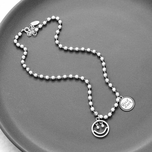 Good Lucky Letter Round Hollow Smile Face 925 Sterling Silver Pendant Necklace For Women Korean Jewelry Gift