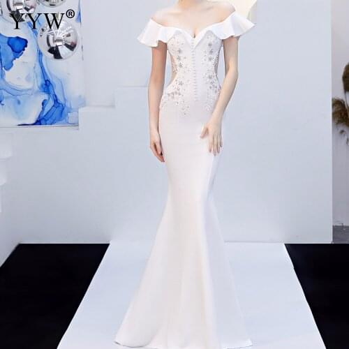 Sexy Off Shoulder Flower Beading Mermaid Long Dress Women Ruffle Solid Elegant Party Dresses Backless Slim White Sexy Club Wear