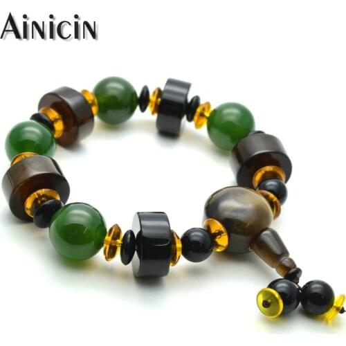 1pc 18mm Green Natural Semi-precious Stone Round Beads Bangle Tibetan Fashion Mens Prayer Bracelets Big Wrist Jewelry Gift