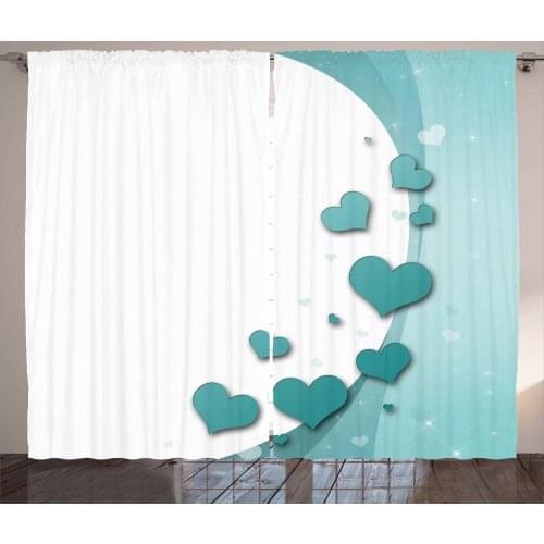 Turquoise Hearts Curtains Aqua Curls Romantic Shapes Satin Fabric Drapes for Living Room Bedroom 2 Panel Window Set