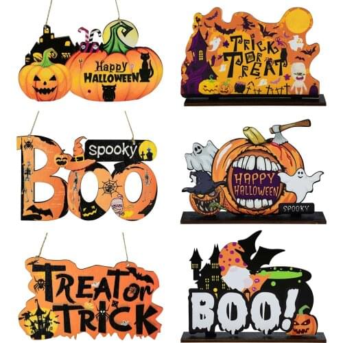 Halloween Wooden Ornaments Pumpkin Ghost Trick or Treat Pendants Halloween Party Decoration for Home Door Hanging Signs Kids Toy