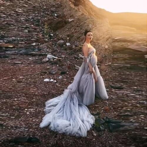 Photo Shoot Maternity Robe Long Trendy Extra Puffy Prom Dress Gray Formal Dress Tiered Robe Lush Backless Off Shoulder