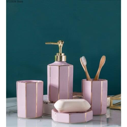 Nordic pink ceramic bathroom set toothbrush holder lotion bottle toothpaste dispenser tray / bathroom supplies wedding gift