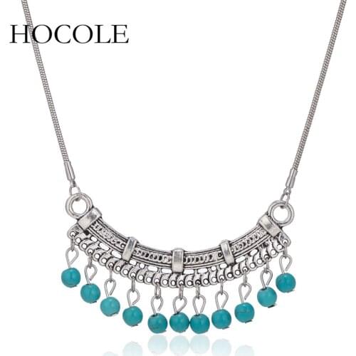 HOCOLE Ethnic 2018 New Choker Necklace Fashion Collares Vintage Silver Color Red Blue Beads Pendant Statement Necklace For Women