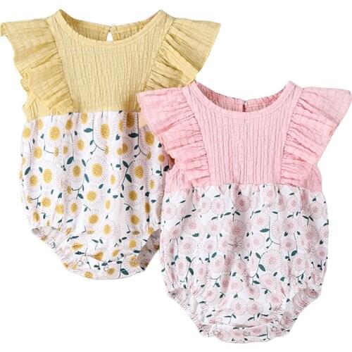 0-24M Newborn Baby Girls Bodysuit Sunflower Print Romper Sleeveless O-neck Stretchy Short Jumpsuit with Ruffles Baby Clothing