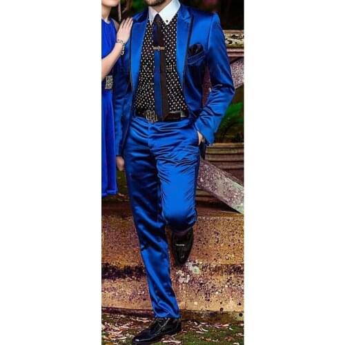 ANNIEBRITNEY Fashion Royal Blue Satin Men Suit Set Prom Dinner Party Wedding Tuxedo Slim Groom Suits Custom Shiny Blazer Pants
