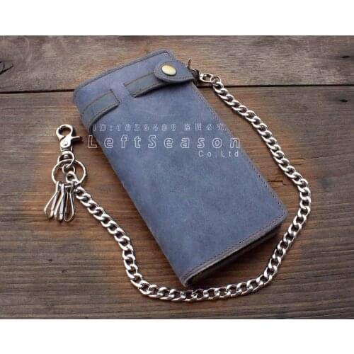 Mens Motorcycle punk Long Leather Wallet With a Heavy Metal Cuban key chain