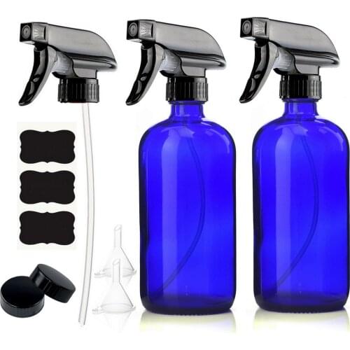 2pcs 500ml Empty Blue Glass Spray Bottle with Mist & Stream Trigger Sprayer for Essential Oils Cleaning Product 16 Oz Refillable