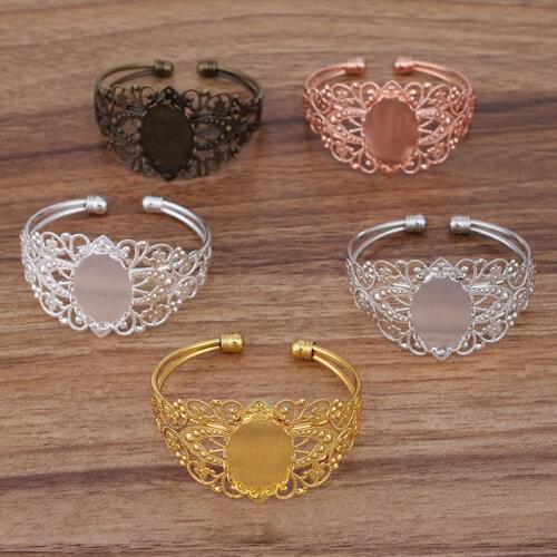 Blank Bangle Settings with 18x25mm Oval Lace Bezel Cabochon Base Filigree Flower cuff Open Bracelet Bangle Findings Multi-color