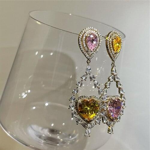 2021 Korean Luxury Pink Heart Crystal Drop Earrings For Women Girls Fashion Shiny Rhinestone Pendientes Party Aesthetic Jewelry
