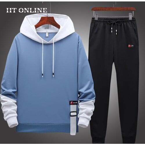 Blue Hoodies Casual Tracksuit Set Men Autumn Sportswear 2PCS+Pants Fashion Patchwork Harajuku Jogging Sports Suit Brand Clothing