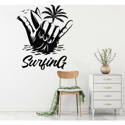 Surfer Sports Wall Stickers Man Cave Art Decor Vinyl Wall Decal Beach Palm Fingers Surfboard Home Decoration PlayIng Room Z261
