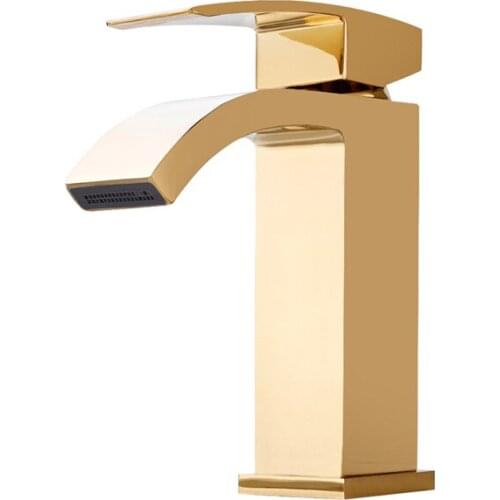 Titanium Gold Bathroom Basin Sink Faucet Deck Mounted Solid Brass Tap Polishing Mixer Single Handle Waterfall Tap