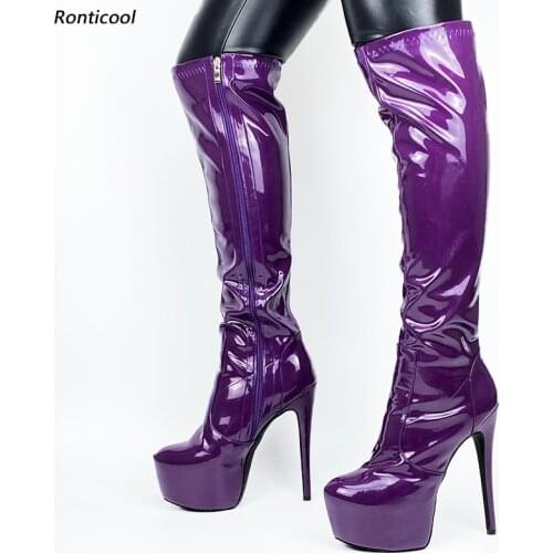 Ronticool New Women Winter Shiny Knee Boots Full Side Zipper Stiletto Heels Round Toe Purple Black Club Shoes Plus US Size 5-20