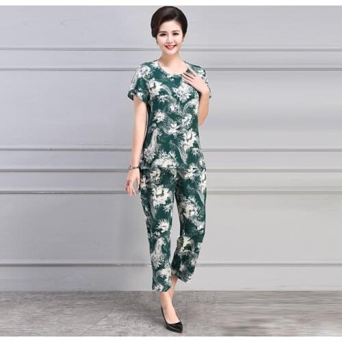 Women Large Size Women 2 piece Set Loose Print Short-sleeved T-shirt Tops + Pants Middle-aged Mother Summer Suit Plus Size 5XL