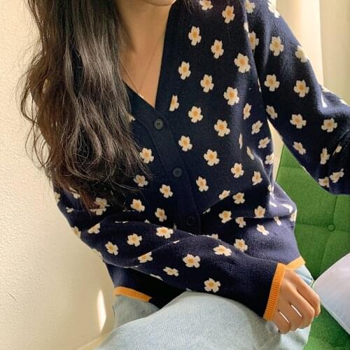 Women Spring Flower Sweater Jacket Knitted Cardigan Short Coat Single Breasted V Neck Full Sleeve Outerwear