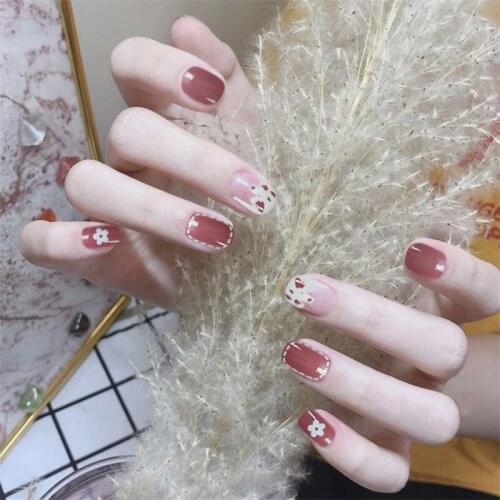 24pcs Floral Printed Nail Patch Glue Type Removable Short Paragraph Fashion Manicure Save Time Fake Nail Patch NE