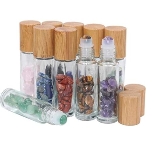 10ml Roll On Bottle For Doterra Essential Oils with Bamboo lid,Clear Glass Roller Bottles With Crystal Gemstone Roller Balls Top
