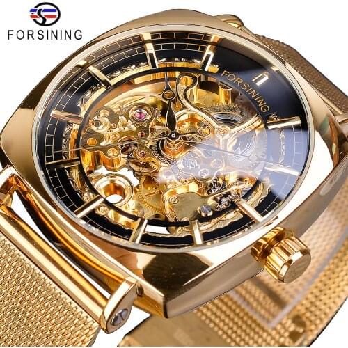 Forsining Golden Square Mens Mechanical Watch Ultra Thin Analog Royal Skeleton Stainless Steel Mesh Strap Dress Automatic Clock