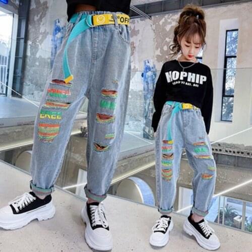 Kids Pants 3 to 15 Years Girls Jeans Cartoon Colour Holes Design Letters Print Casual Jeans Cotton Denim Pants Baby Girl clothes