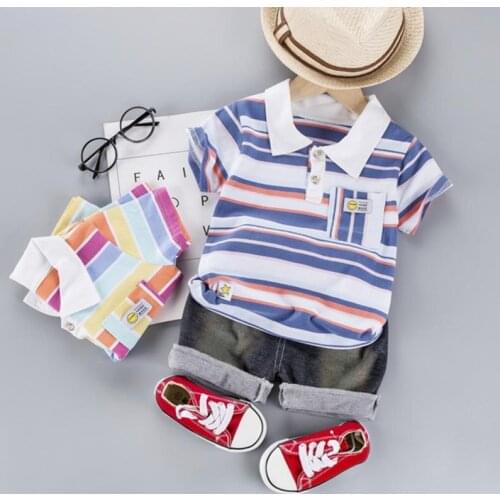 Baby Color Striped Lapel T-Shirt Outfit Summer Fashion Casual Wear 2PCS Set Children Infant Trendy Tops Shorts Clothing Suit