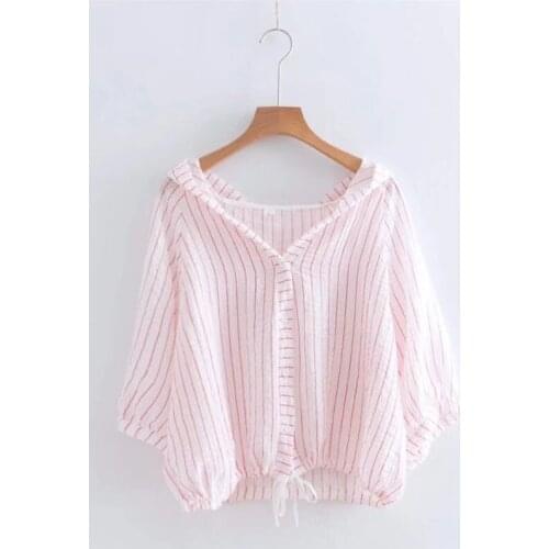 Cotton Loose Striped Hooded Women Shirts Summer New Design 2021 V-Neck Lightweight Casual All Match Female Outwear Tops