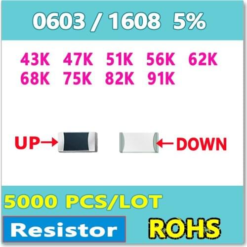 JASNPROSMA 0603 J 5% 5000pcs 43K 47K 51K 56K 62K 68K 75K 82K 91K smd 1608 OHM 43KOHM 47KOHM 51KOHM 56KOHM 62KOHM New Resistor