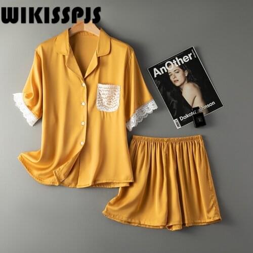 WIKISSPJS Summer Pajamas Womens Short Sleeve Shorts Lace Edge Two Piece Home Suit Womens Pajamas Pajamas for Teen Girls