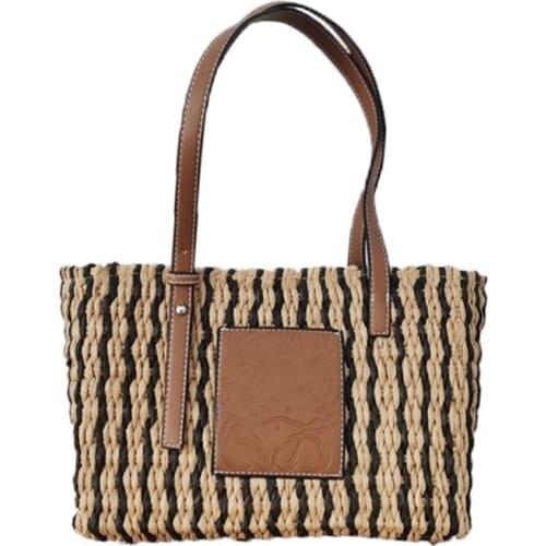 Summer Beach Hand-Woven Straw Striped Tote Bag with Faux Leather Splice Bohemian Women Single Shoulder Large Handbag Basket