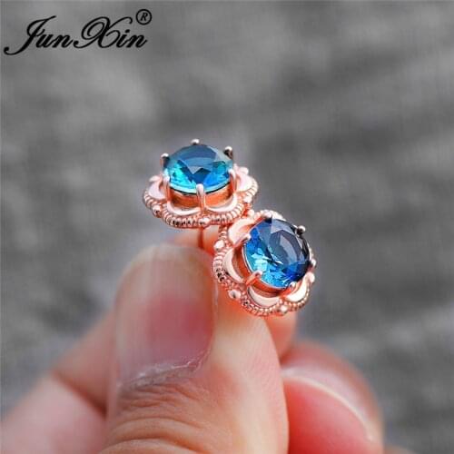Mystic Rainbow Fire Crystal Round Stud Earrings For Women Rose Gold Colorful Blue Red Pink Green Zircon Flower Earrings Wedding