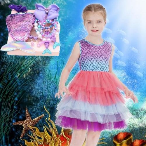 Layered Princess Mermaid Dress up Girl Party Costume Scales Print Gown Kids Milk Silk Clothes and Jewelry Grils Aril Fancy Dress
