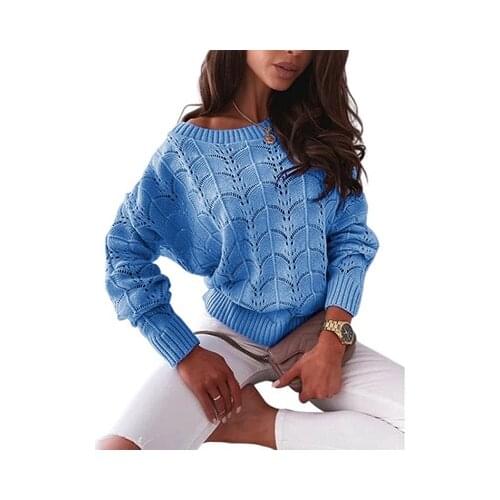 Fashion Womens Round Neck Hollowed Out T-Shirt NEW Thin Beach Smock Bat Long Sleeve Off Shoulder Solid Color Sweater For Women